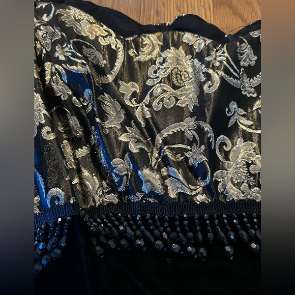 Corset Style Off-Shoulder Vintage Gown Black Gold Beaded Formal Black Tie Dress - Picture 8 of 16